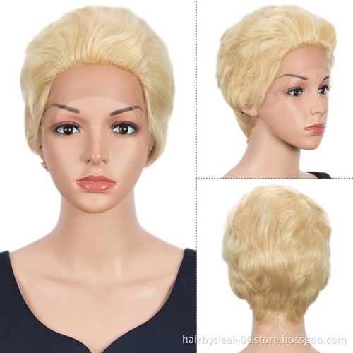 Rebecca Women Ombre Short Pixie Cut Human Hair Front Lace Wigs Dark brown Short Straight Wigs human Hd Lace Wig For Black Woman